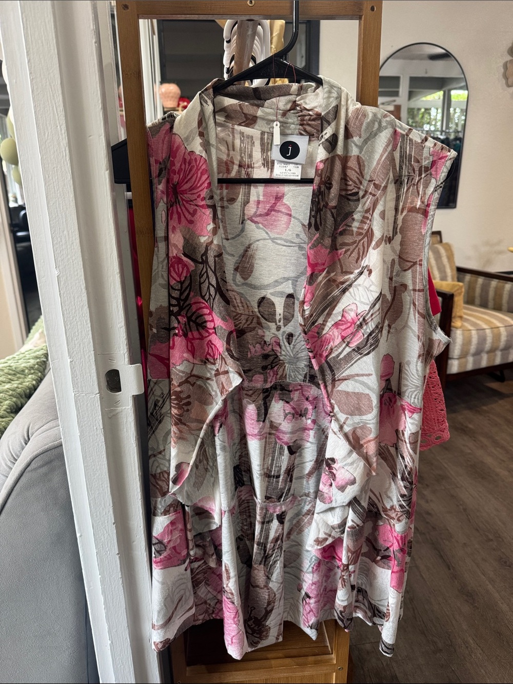 J. Jill Cream, Pink and Brown Floral Draped Open-Front Vest